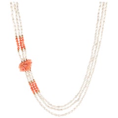Vintage Carved Coral Necklace 3 Strand Freshwater Pearl 14 Karat Gold