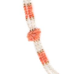 Vintage Carved Coral Necklace 3 Strand Freshwater Pearl 14 Karat Gold