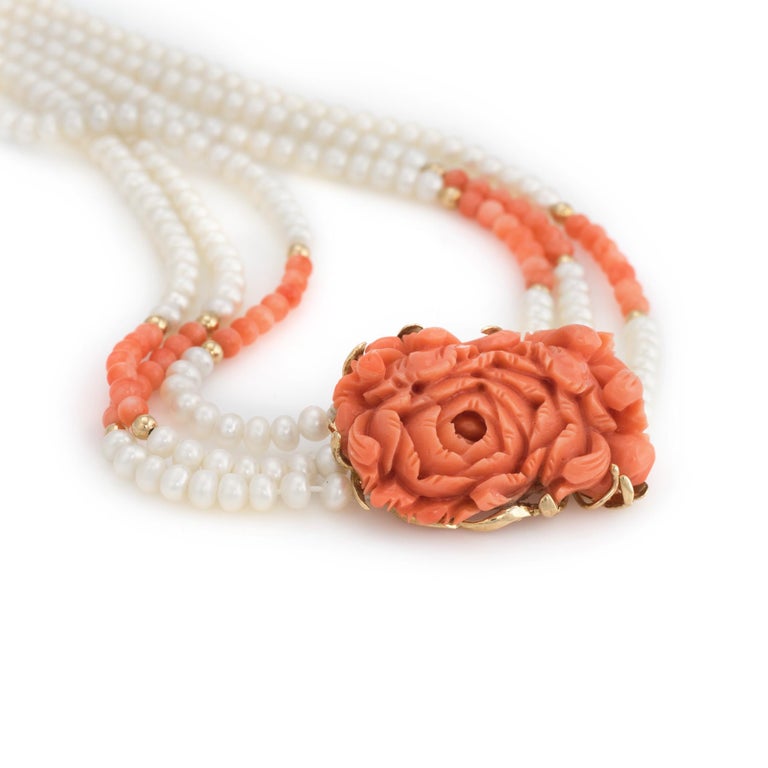 Vintage Carved Coral Necklace Freshwater Pearls 14 Karat ...