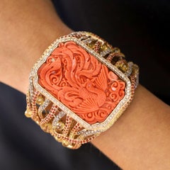 Vintage Carved Coral Phoenix & Sapphire Dramatic Large 18k Gold Cuff Bracelet