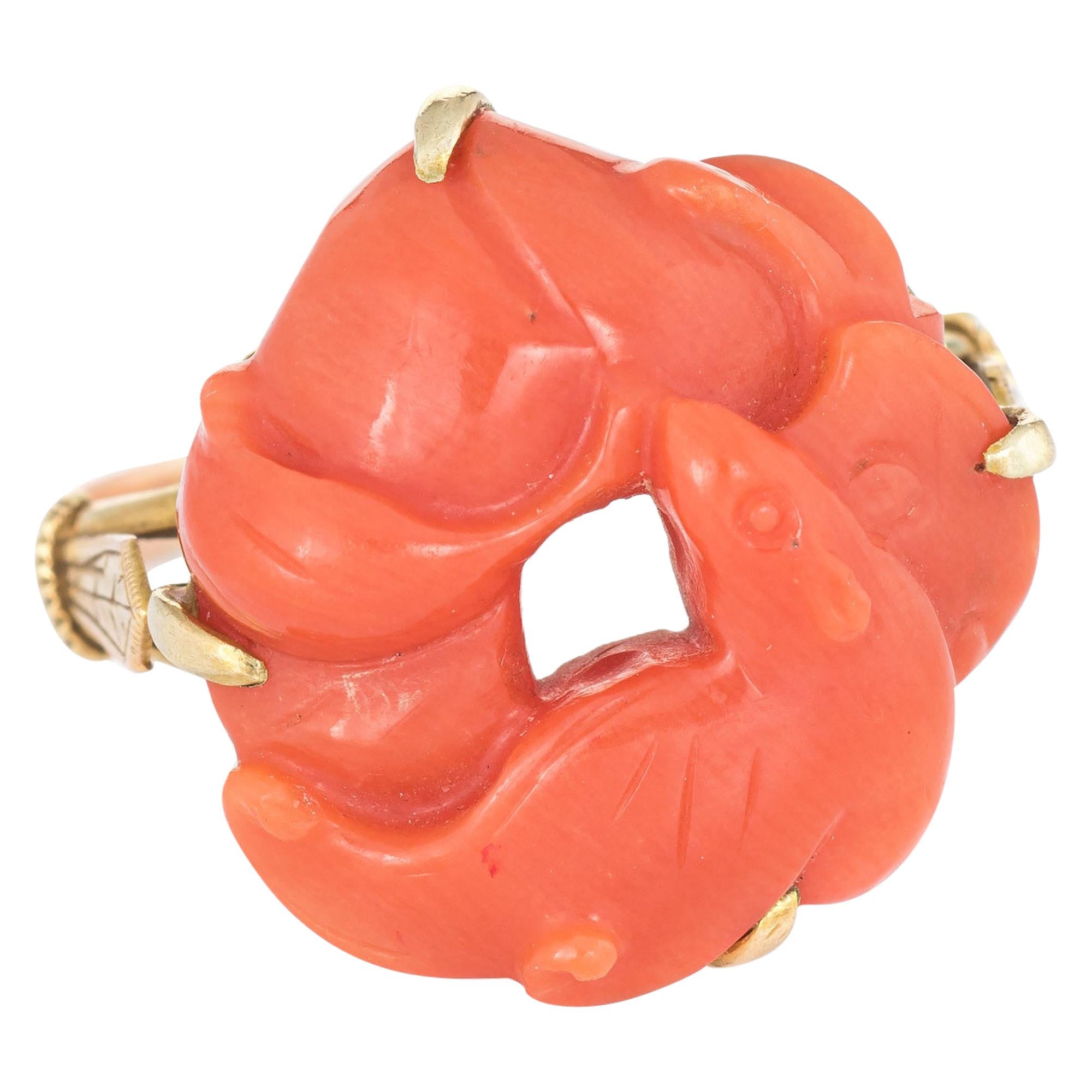 Vintage Carved Coral Ring 14 Karat Gold Good Luck Happiness Estate Jewelry