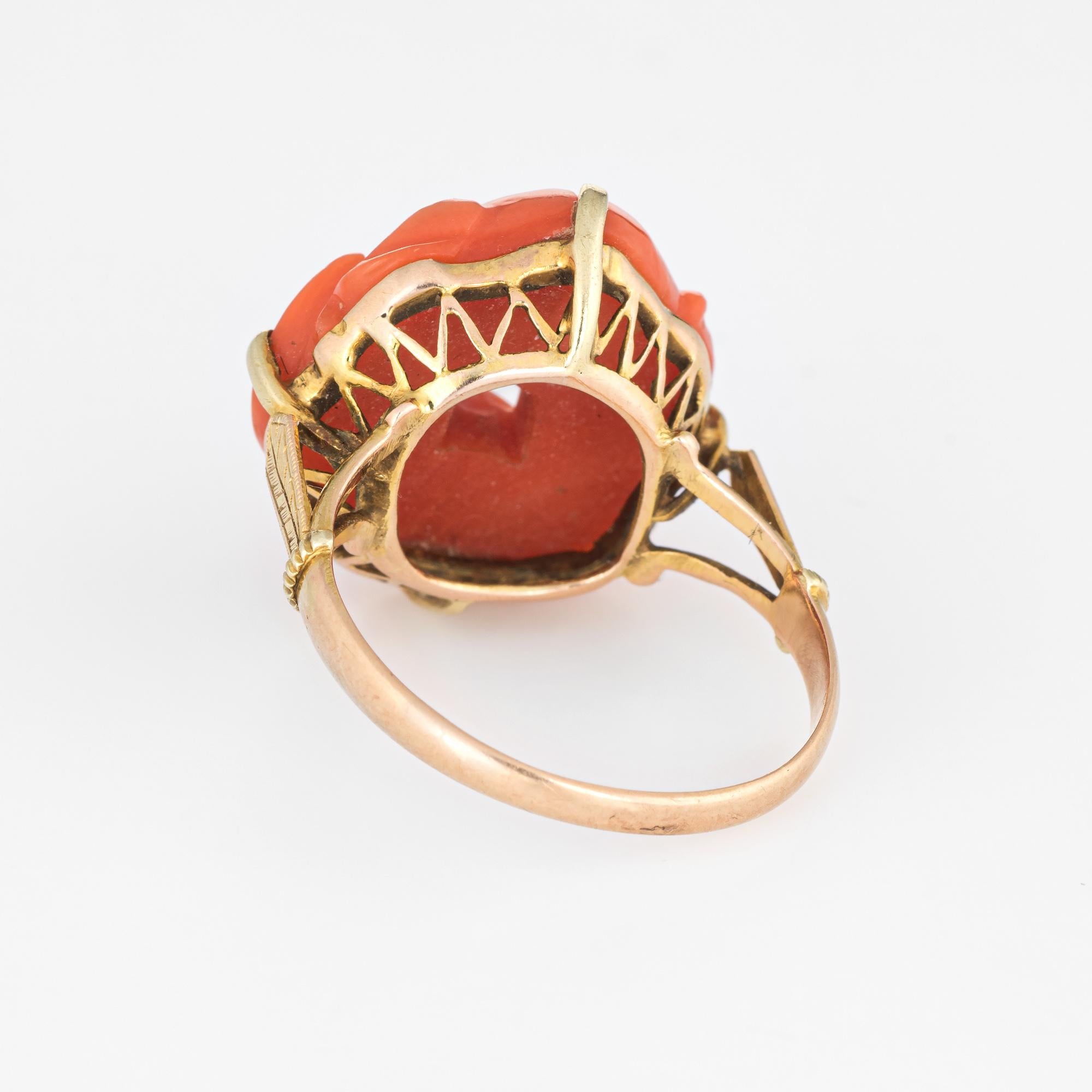 Modern Vintage Carved Coral Ring 14 Karat Gold Good Luck Happiness Estate Jewelry