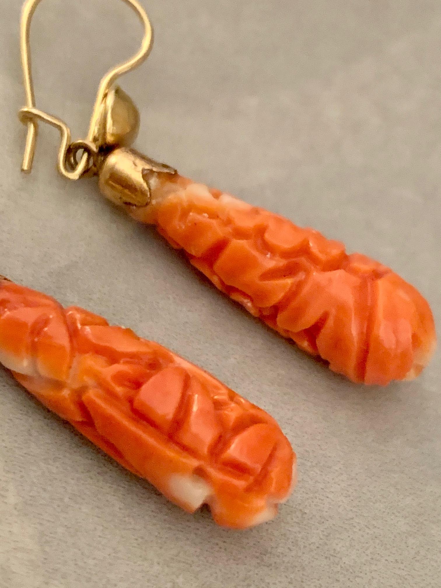 Vintage Carved Coral Teardrop Shaped 14 Karat Yellow Gold Ear Wire Hook Earrings 1