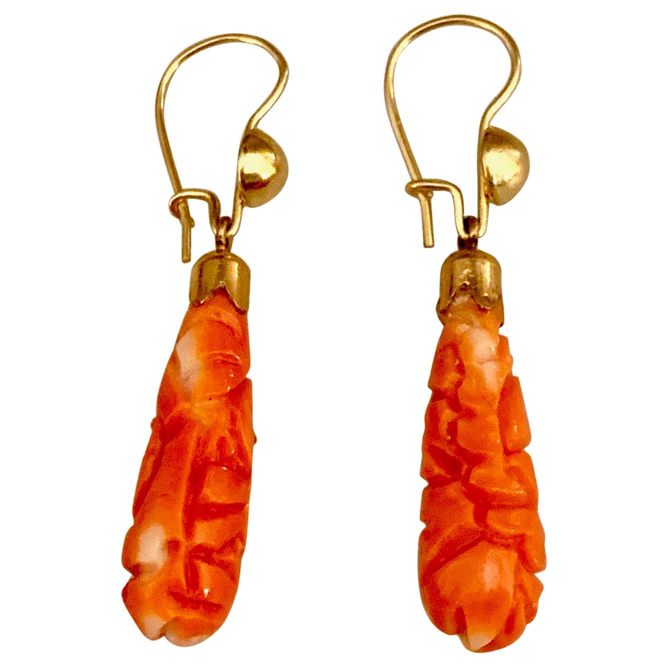 Vintage Carved Coral Teardrop Shaped 14 Karat Yellow Gold Ear Wire Hook Earrings