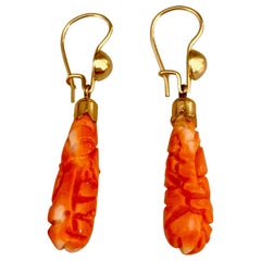 Vintage Carved Coral Teardrop Shaped 14 Karat Yellow Gold Ear Wire Hook Earrings