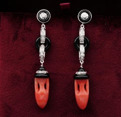 Vintage Carved Coral Urns Black Onyx Diamond Ear Drops