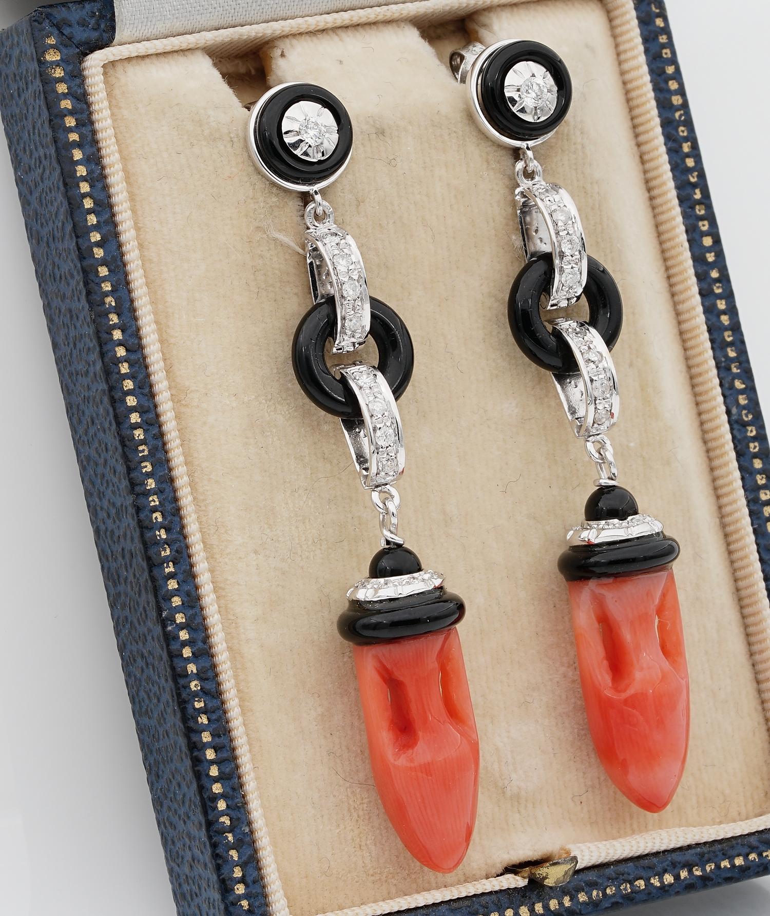 Contemporary Vintage Carved Coral Urns Black Onyx Diamond Ear Drops