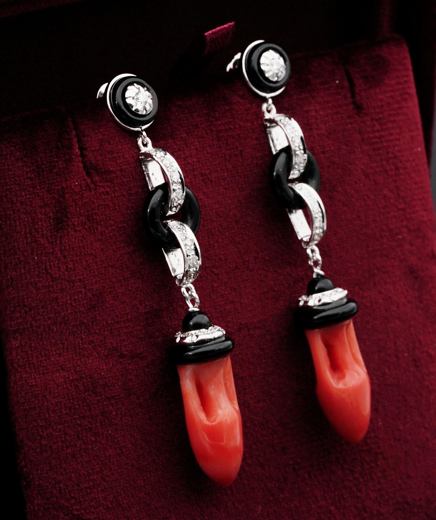 Women's Vintage Carved Coral Urns Black Onyx Diamond Ear Drops