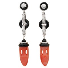 Vintage Carved Coral Urns Black Onyx Diamond Ear Drops