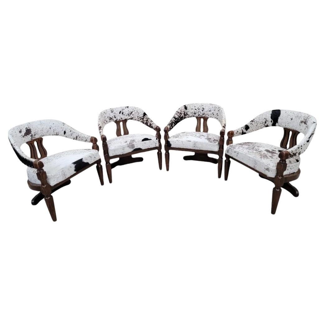Vintage Carved Curved Back 3 Leg Dining Chairs Upholstered In Cowhide, Set Of 4
