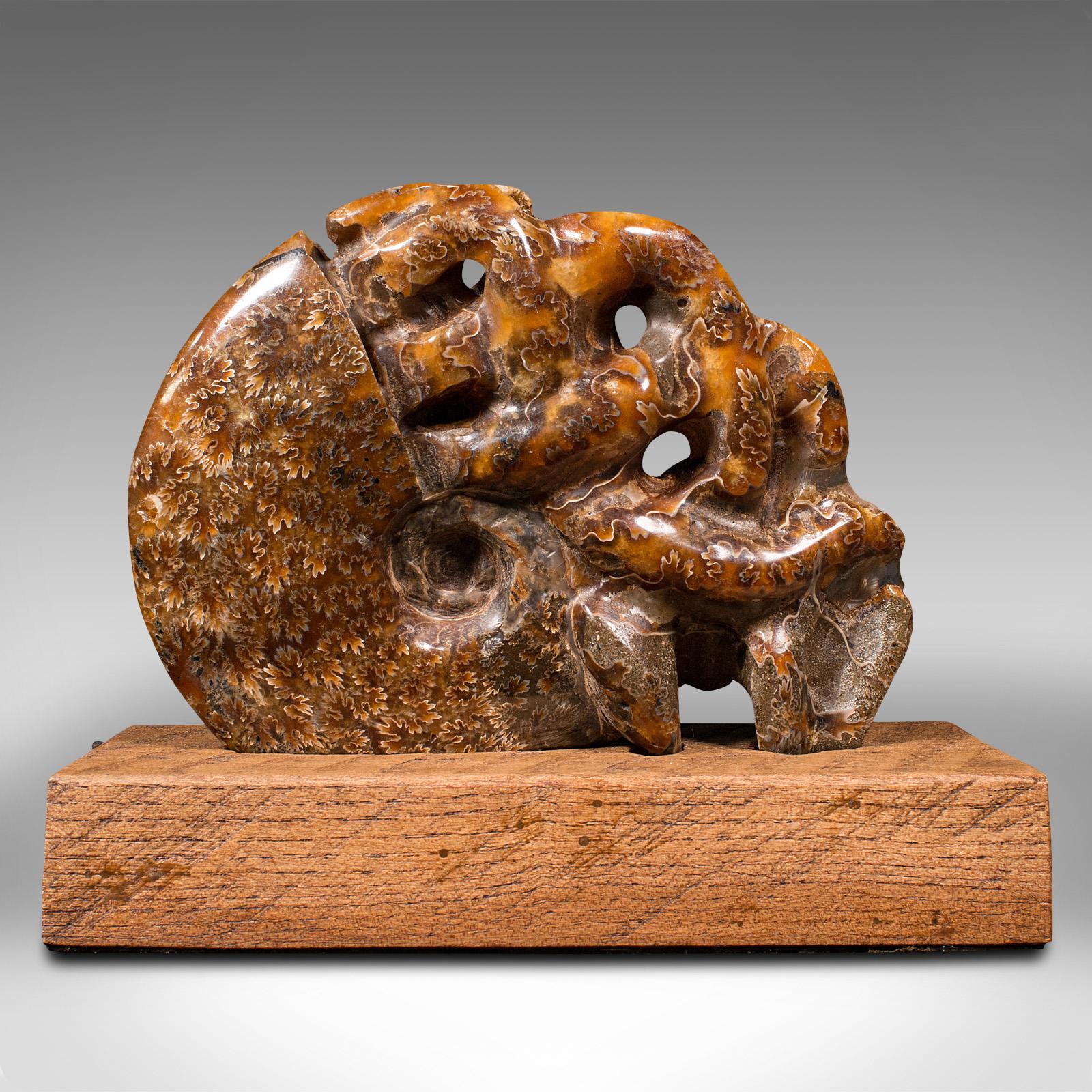 Dies ist ein Vintage geschnitzt dekorative Ammonit. Ein afrikanisches, opalisiertes Fossil auf einem Ausstellungssockel, datiert auf die Kreidezeit vor Millionen von Jahren, poliert und präsentiert um 1970. 

Gekonnt geschnitzter Ammonit mit