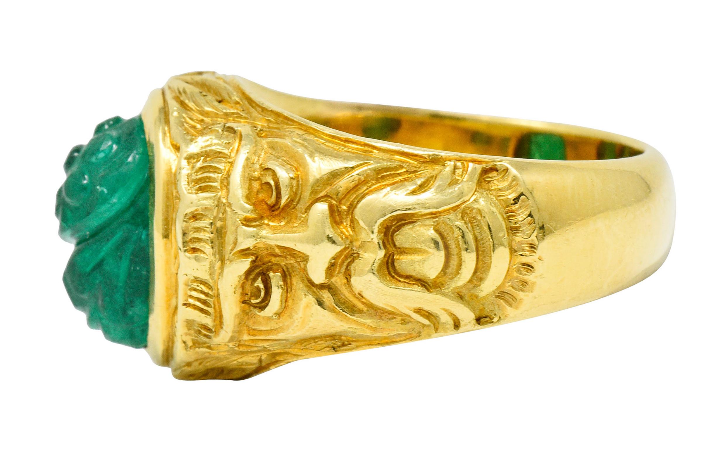 Contemporary Vintage Carved Emerald 18 Karat Gold Green Man Men’s Unisex Ring