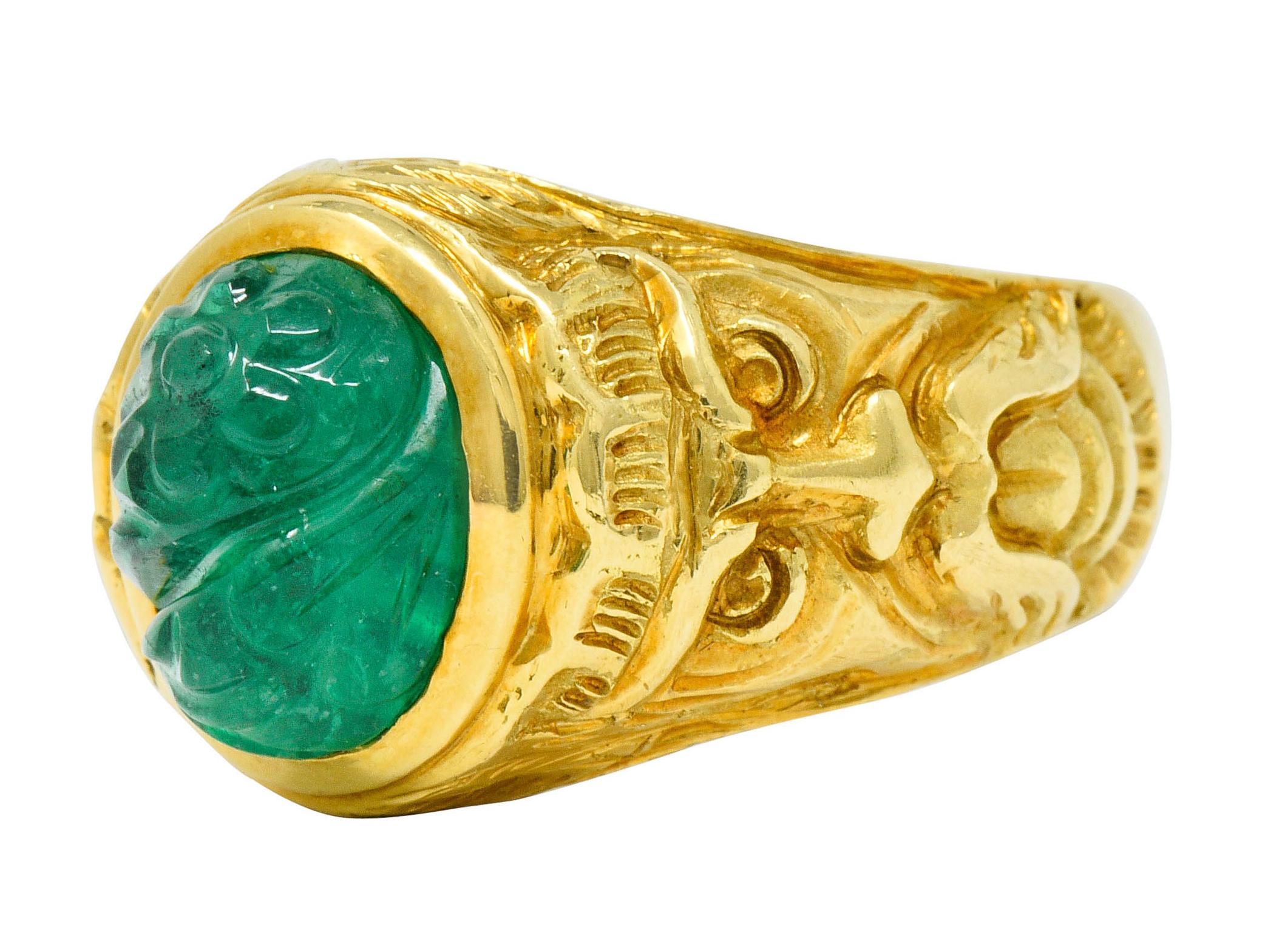 Oval Cut Vintage Carved Emerald 18 Karat Gold Green Man Men’s Unisex Ring