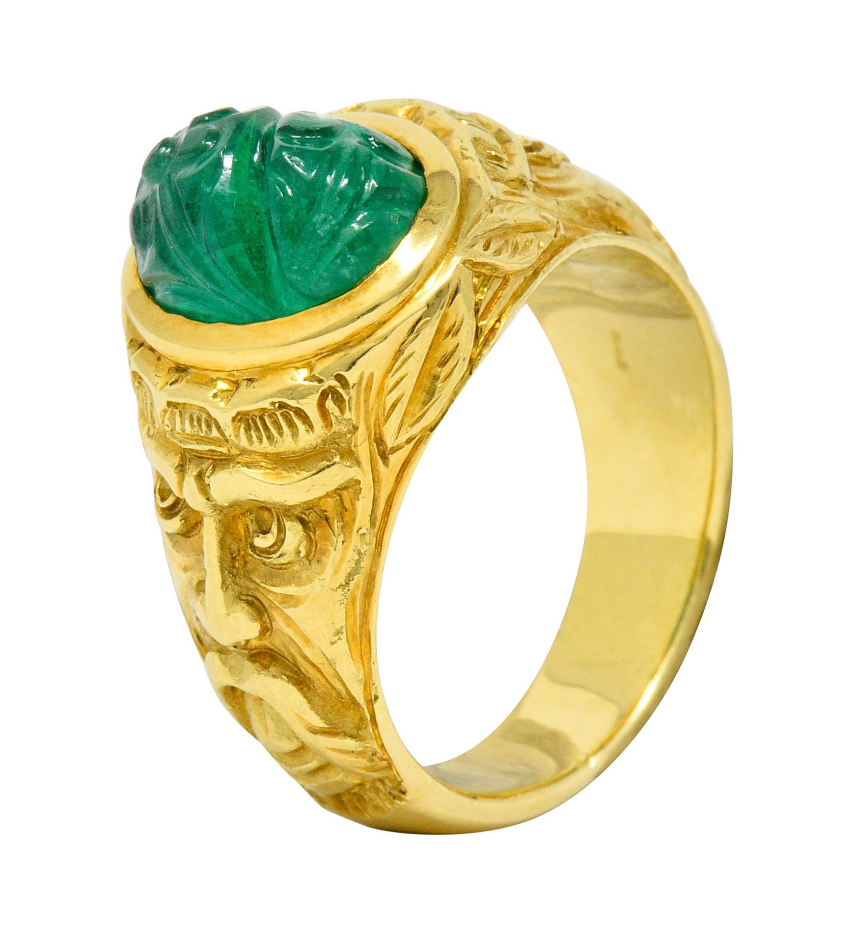 Vintage Carved Emerald 18 Karat Gold Green Man Men’s Unisex Ring 1
