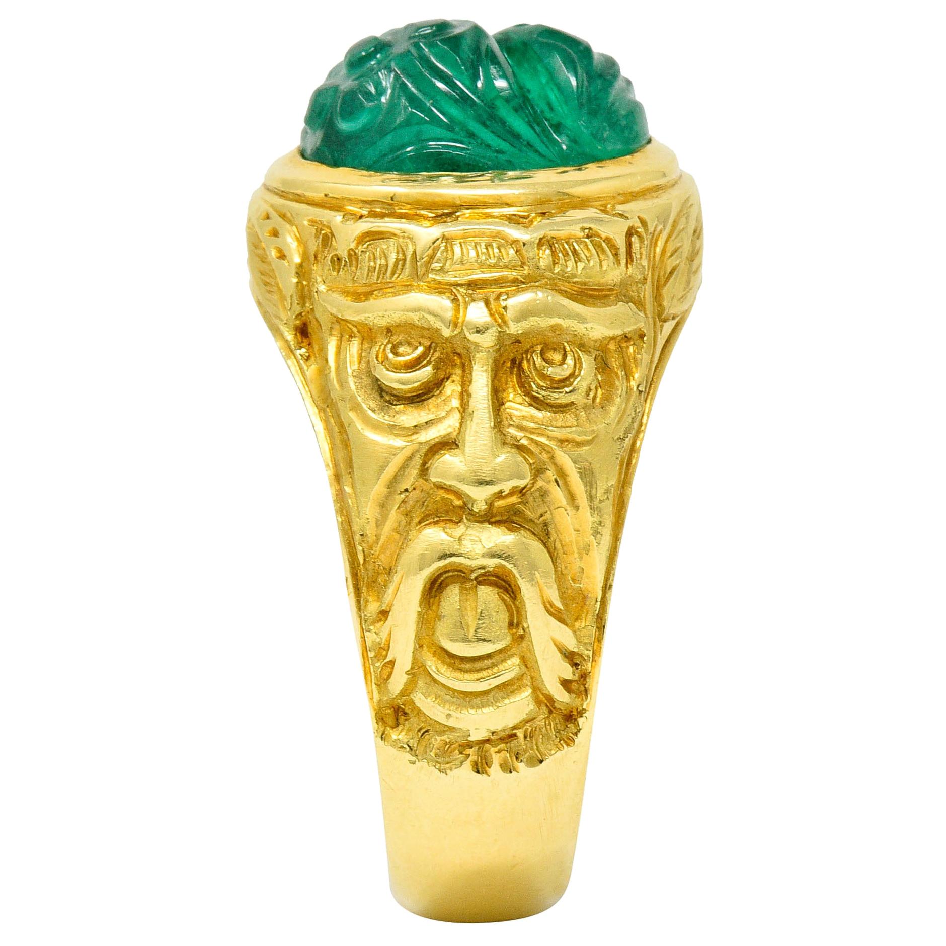Vintage Carved Emerald 18 Karat Gold Green Man Men’s Unisex Ring