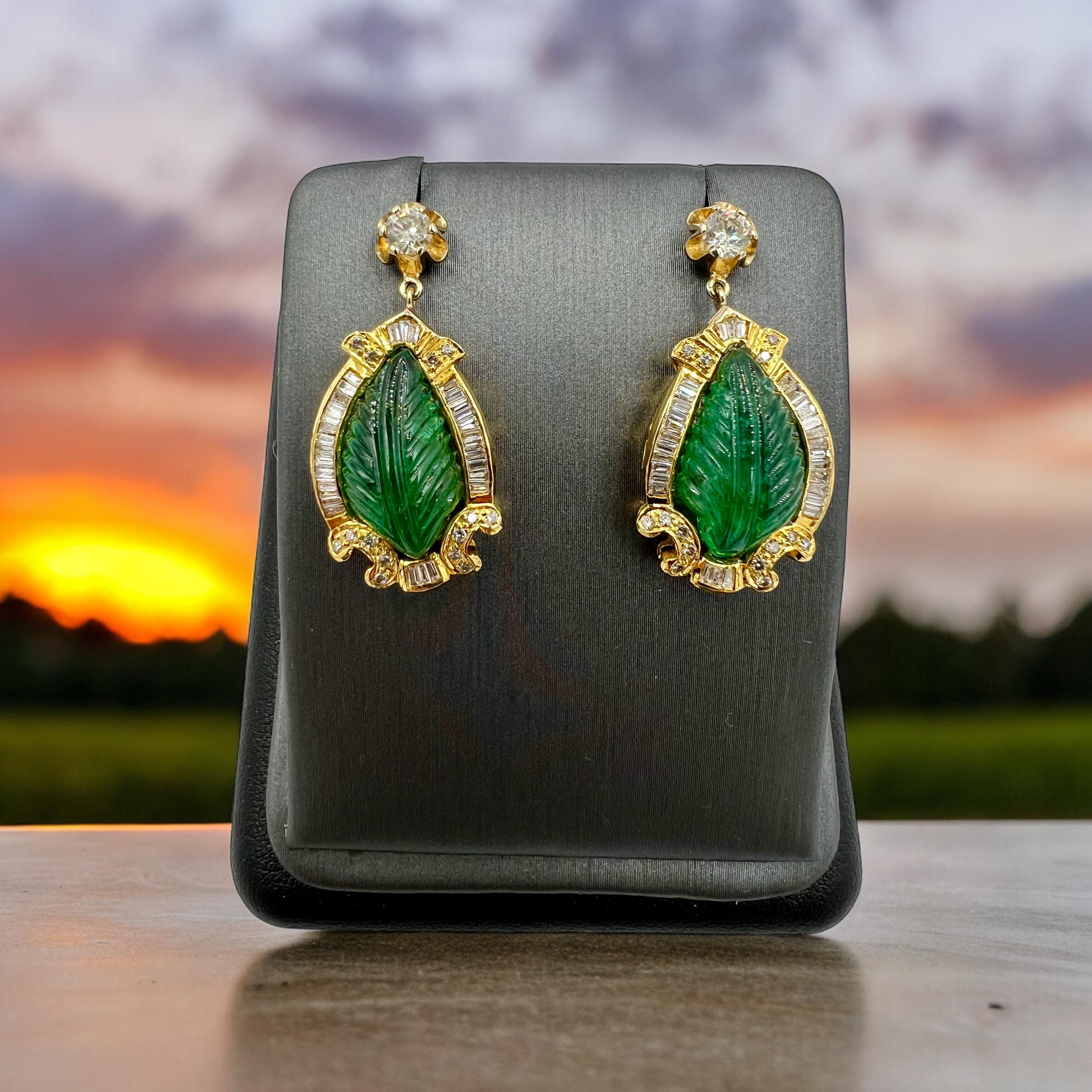 Modern Vintage Carved Emerald Diamond Gold Earrings For Sale