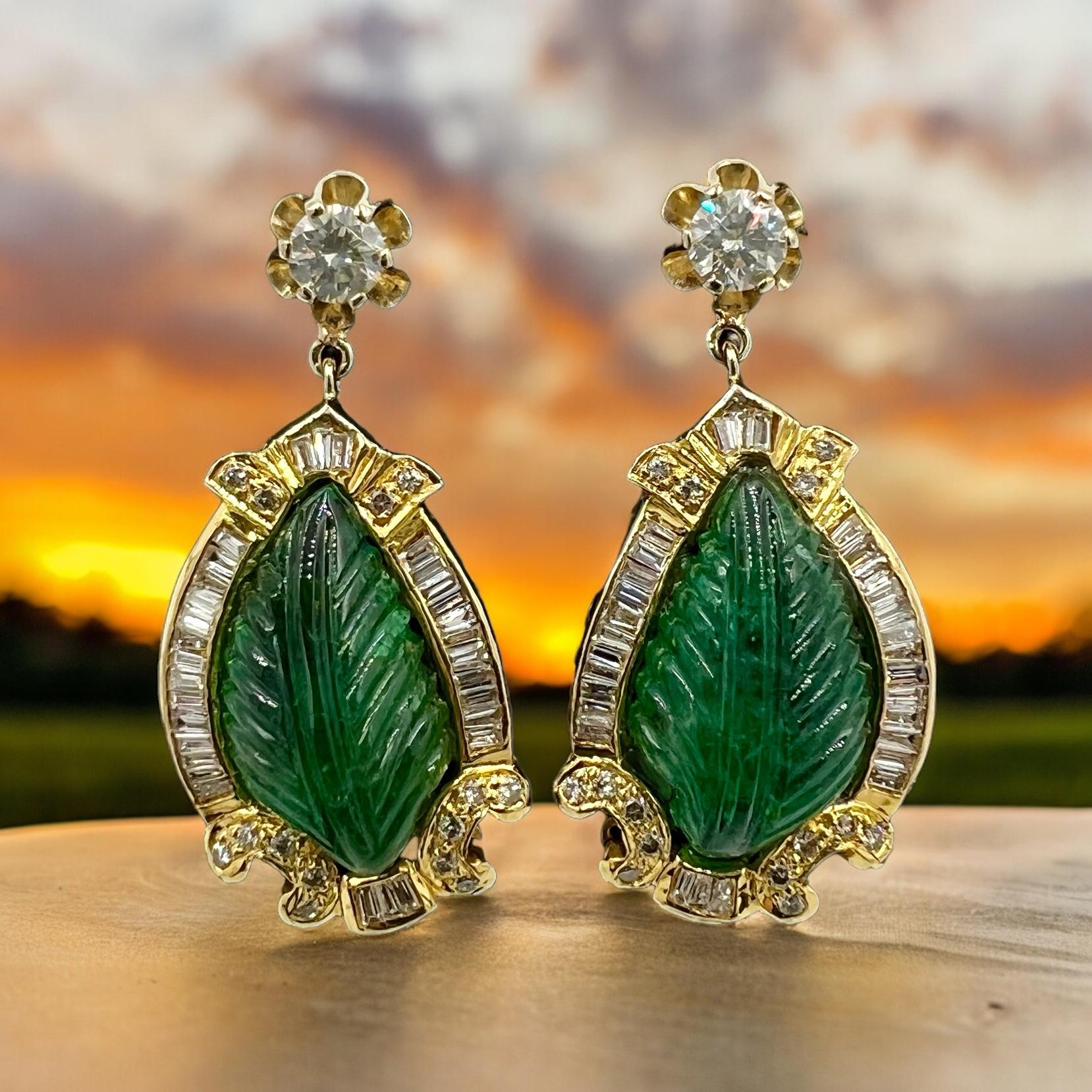 Mixed Cut Vintage Carved Emerald Diamond Gold Earrings For Sale