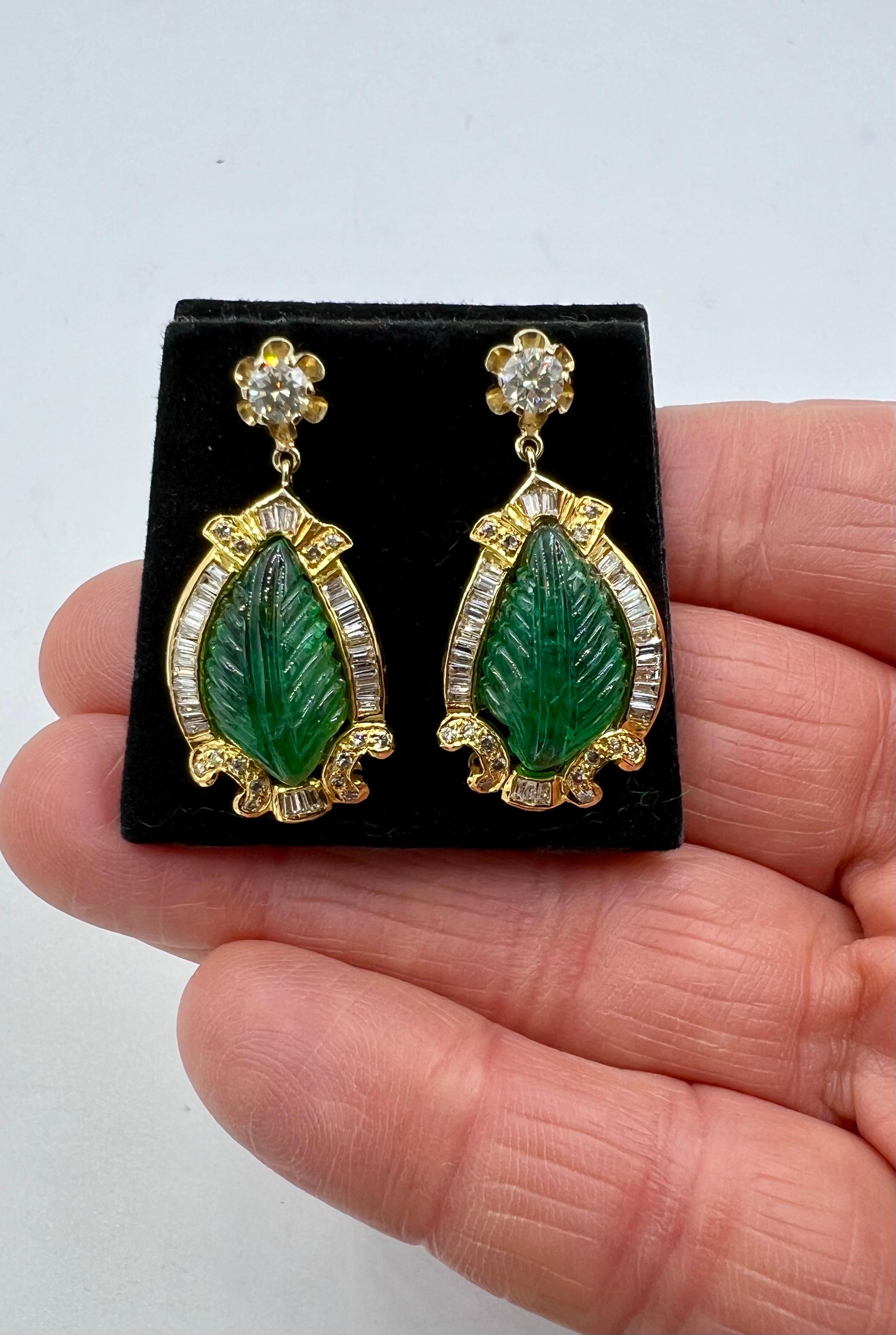 Women's or Men's Vintage Carved Emerald Diamond Gold Earrings For Sale