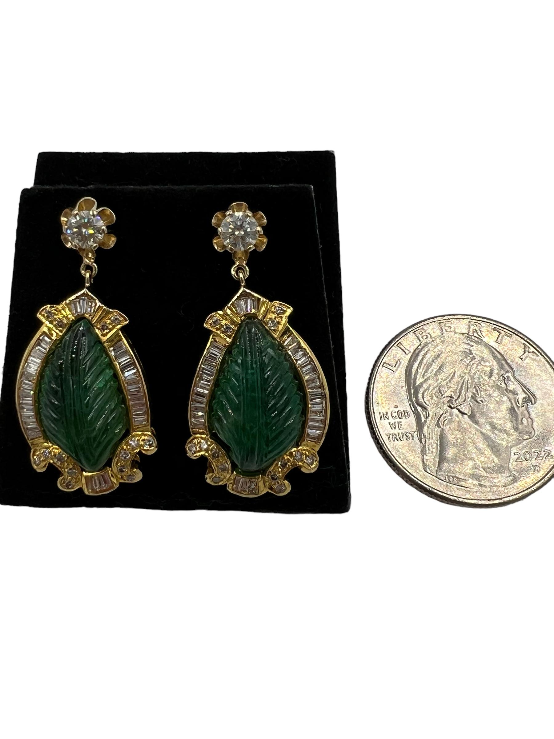 Vintage Carved Emerald Diamond Gold Earrings For Sale 1