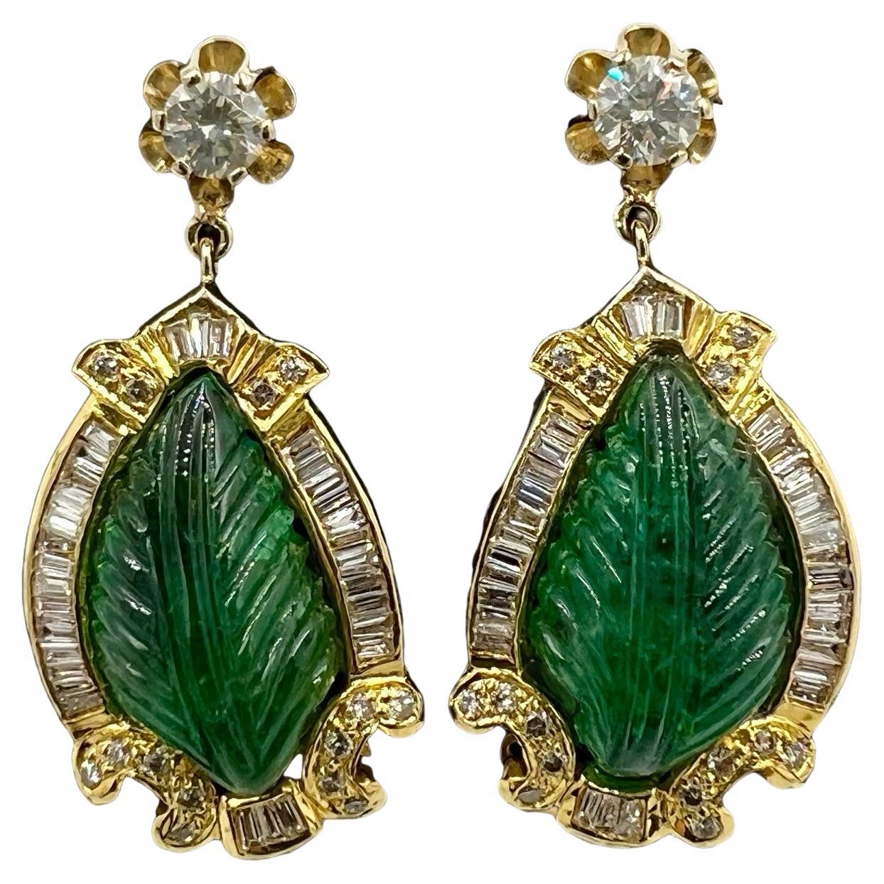 Vintage Carved Emerald Diamond Gold Earrings For Sale
