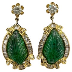 Retro Carved Emerald Diamond Gold Earrings