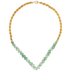 Vintage Carved Emerald Necklace 14 Karat Yellow Gold Palm Leaf Design Jewelry