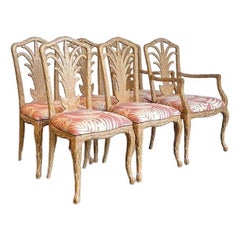 Vintage Carved Faux Bois Dining Chairs in Quadrille Palm Print