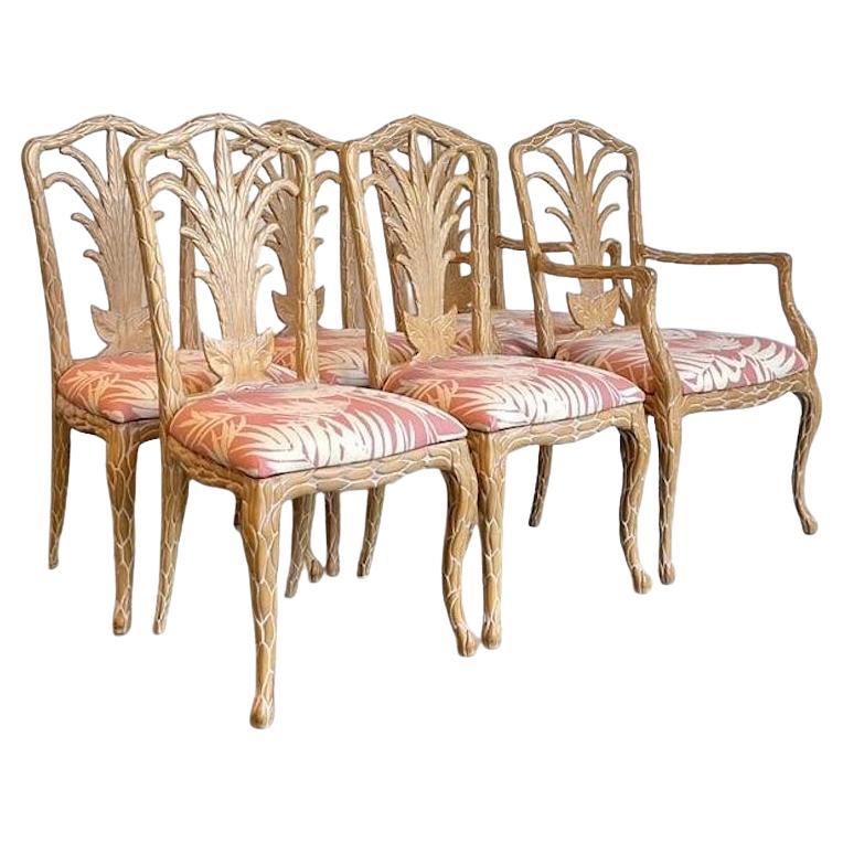 Vintage Carved Faux Bois Dining Chairs in Quadrille Palm Print