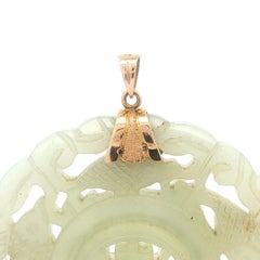 Vintage Carved Fish Chinese Spinning Center Jade Pendant w/ Yellow Gold Bail