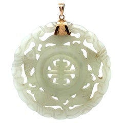 Vintage Carved Fish Chinese Spinning Center Jade Pendant w/ Yellow Gold Bail