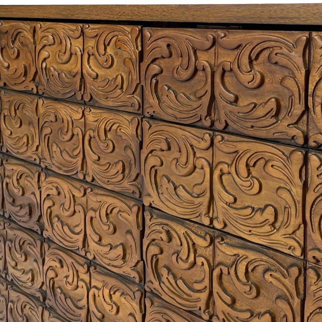 Mid-Century Modern Vintage Carved Front Walnut Console Cabinet For Sale