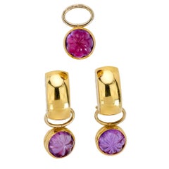 Vintage carved gemstone 18k yellow gold interchangeable drop earrings
