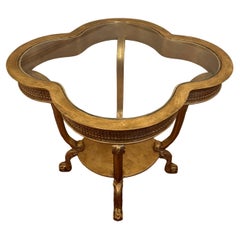 Vintage Carved Gilded Cloverleaf Display Table with Inset Glass Top