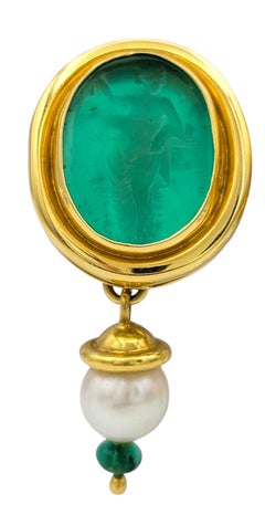 Vintage Carved Glass Intaglio, Pearl and Emerald Drop Earrings 18 Karat Gold