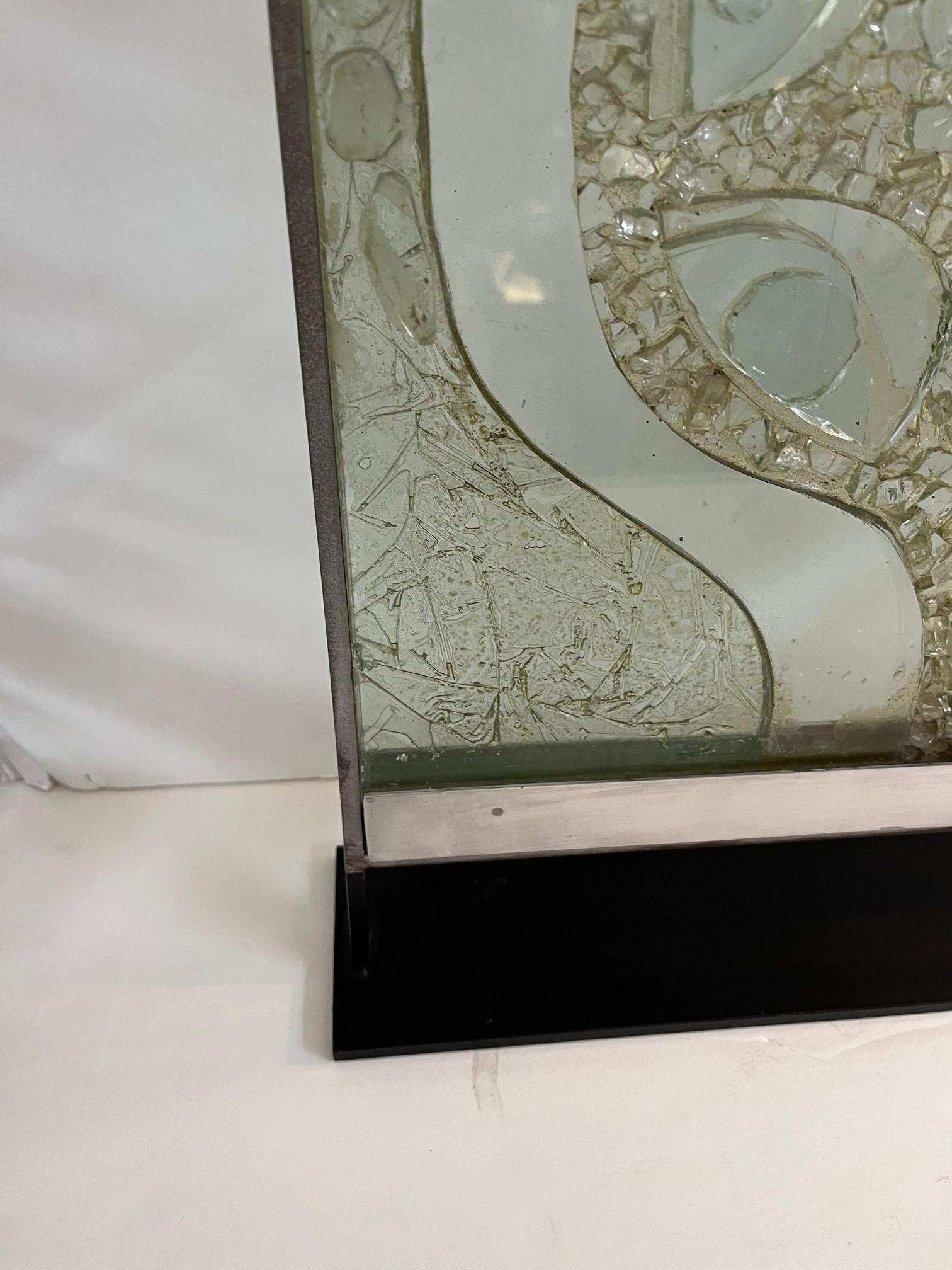 Vintage Carved Glass Sculpture on Metal Frame For Sale 6