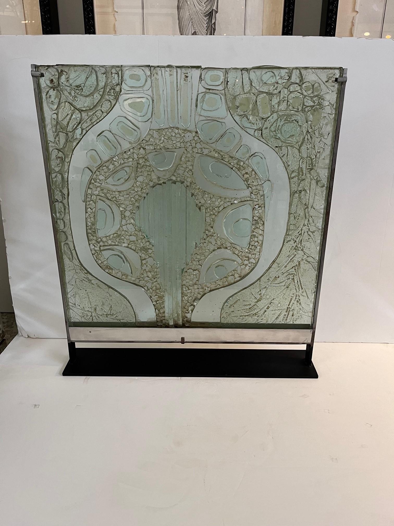 Vintage Carved Glass Sculpture on Metal Frame For Sale 7