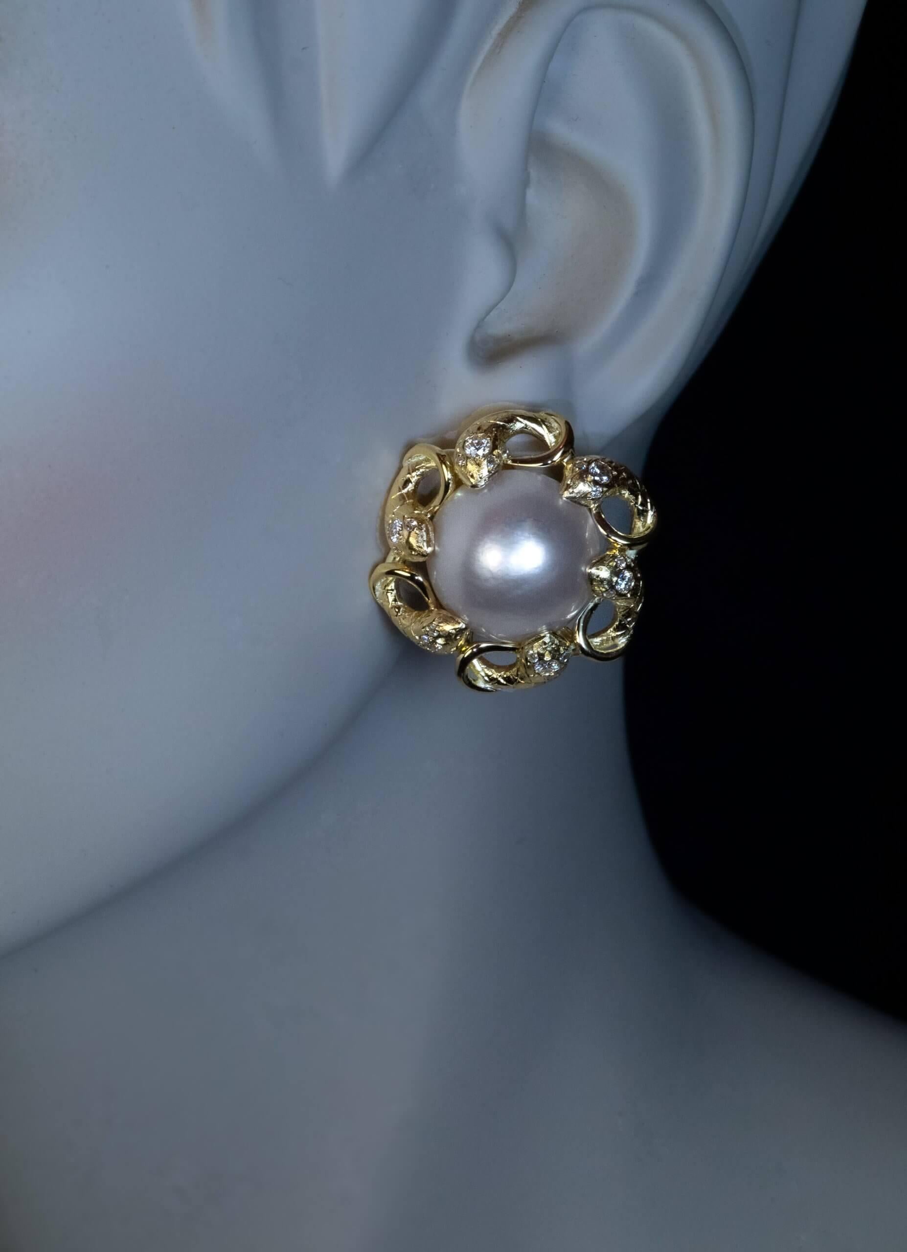 Vintage geschnitzt Gold Perle Diamant Schlange Ohrringe (Brillantschliff) im Angebot