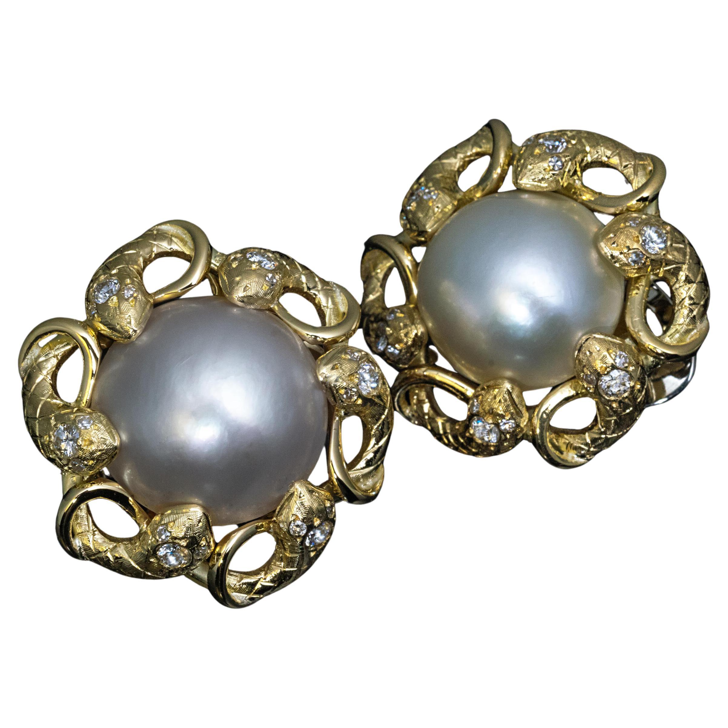 Vintage Carved Gold Pearl Diamond Snake Earrings For Sale