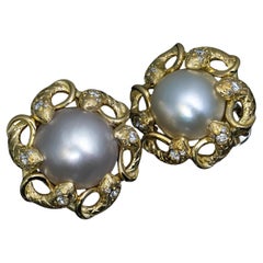 Vintage Carved Gold Pearl Diamond Snake Earrings