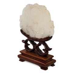 Vintage Carved Green Jade Figurine on Wooden Stand