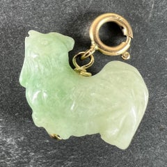 Vintage Carved Green Jade Rooster 9K Yellow Gold Charm Pendant