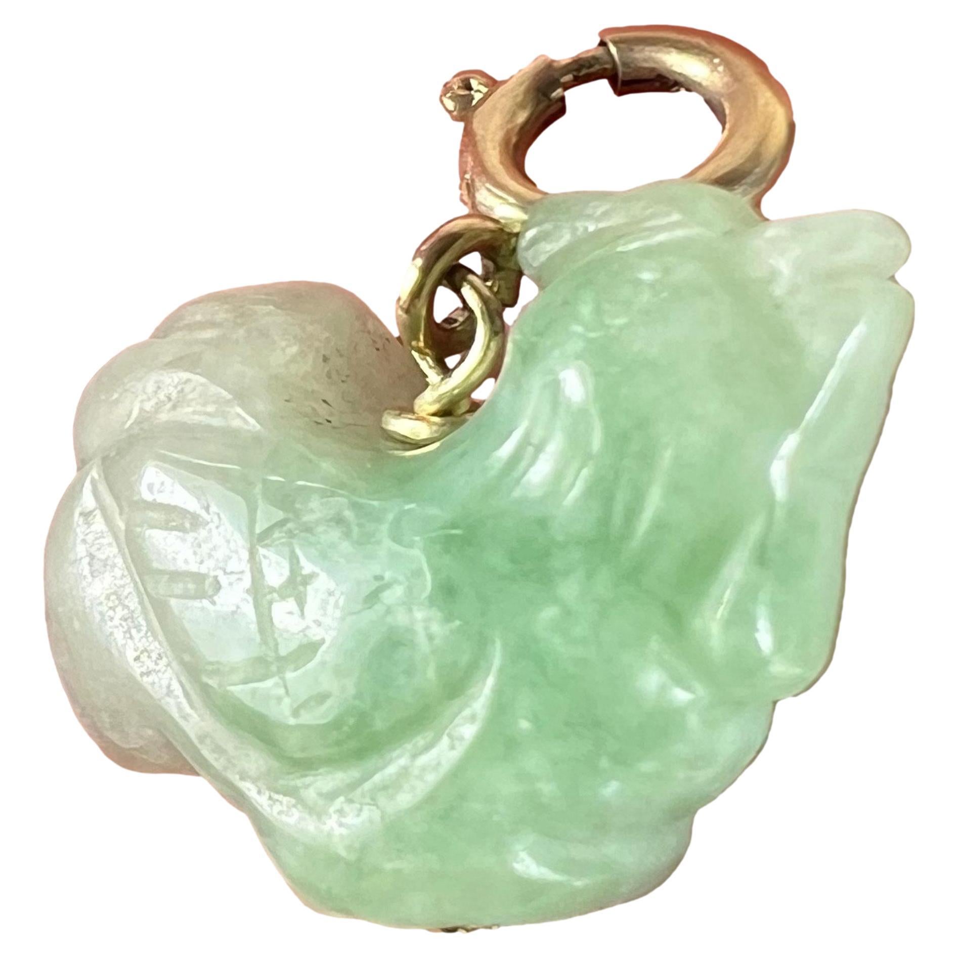 Vintage Carved Green Jade Rooster 9K Yellow Gold Charm Pendant