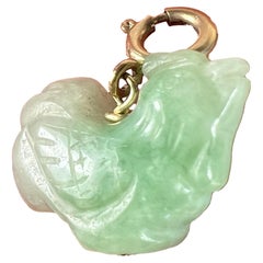Vintage Carved Green Jade Rooster 9K Yellow Gold Charm Pendant