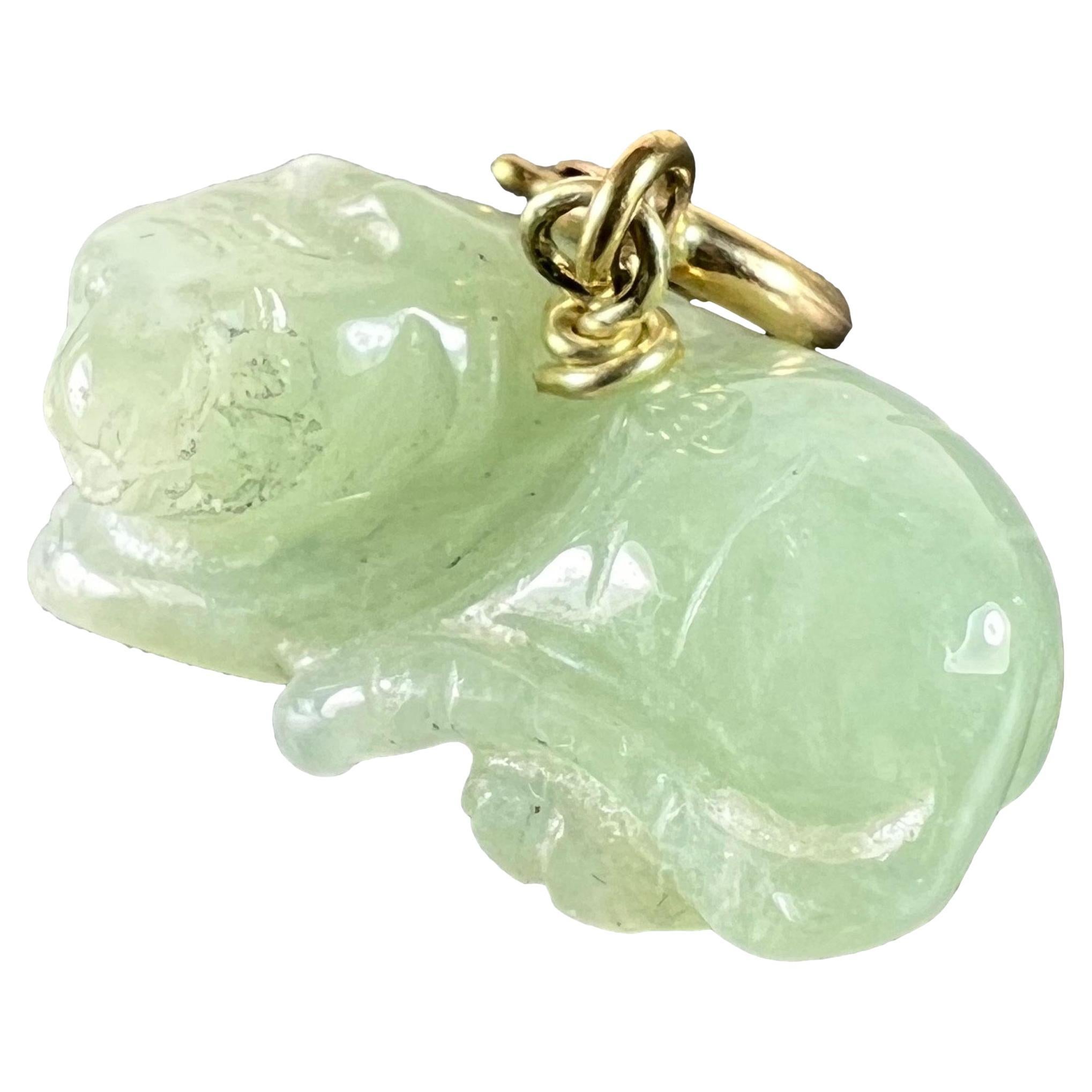 Pendentif Vintage en or jaune 9K avec breloque tigre en jade vert sculpté