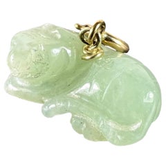 Vintage Carved Green Jade Tiger 9K Yellow Gold Charm Pendant