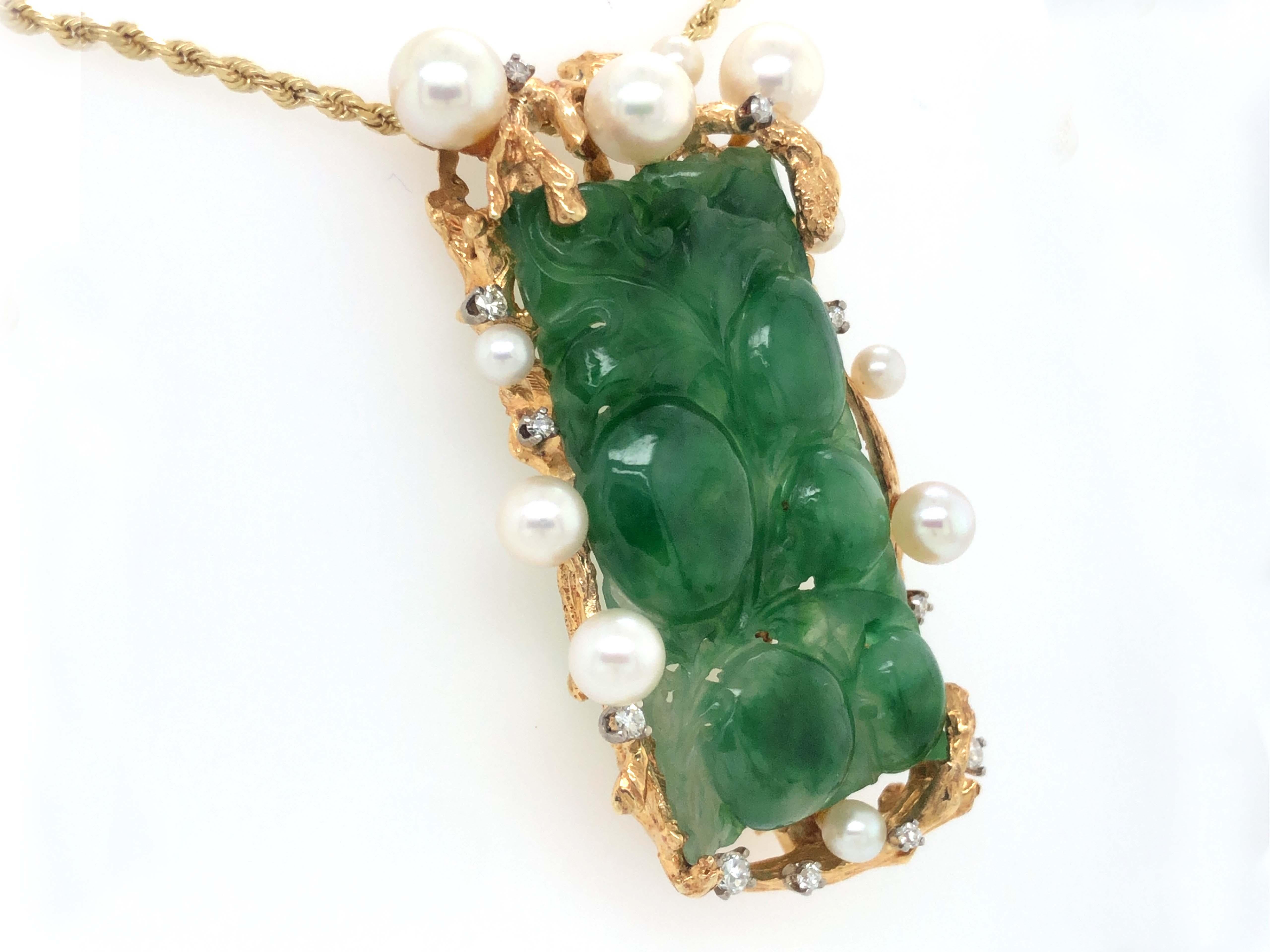 Modern Vintage Carved Green Jadeite Jade, Diamond and Pearl Pendant in 14k Yellow Gold For Sale