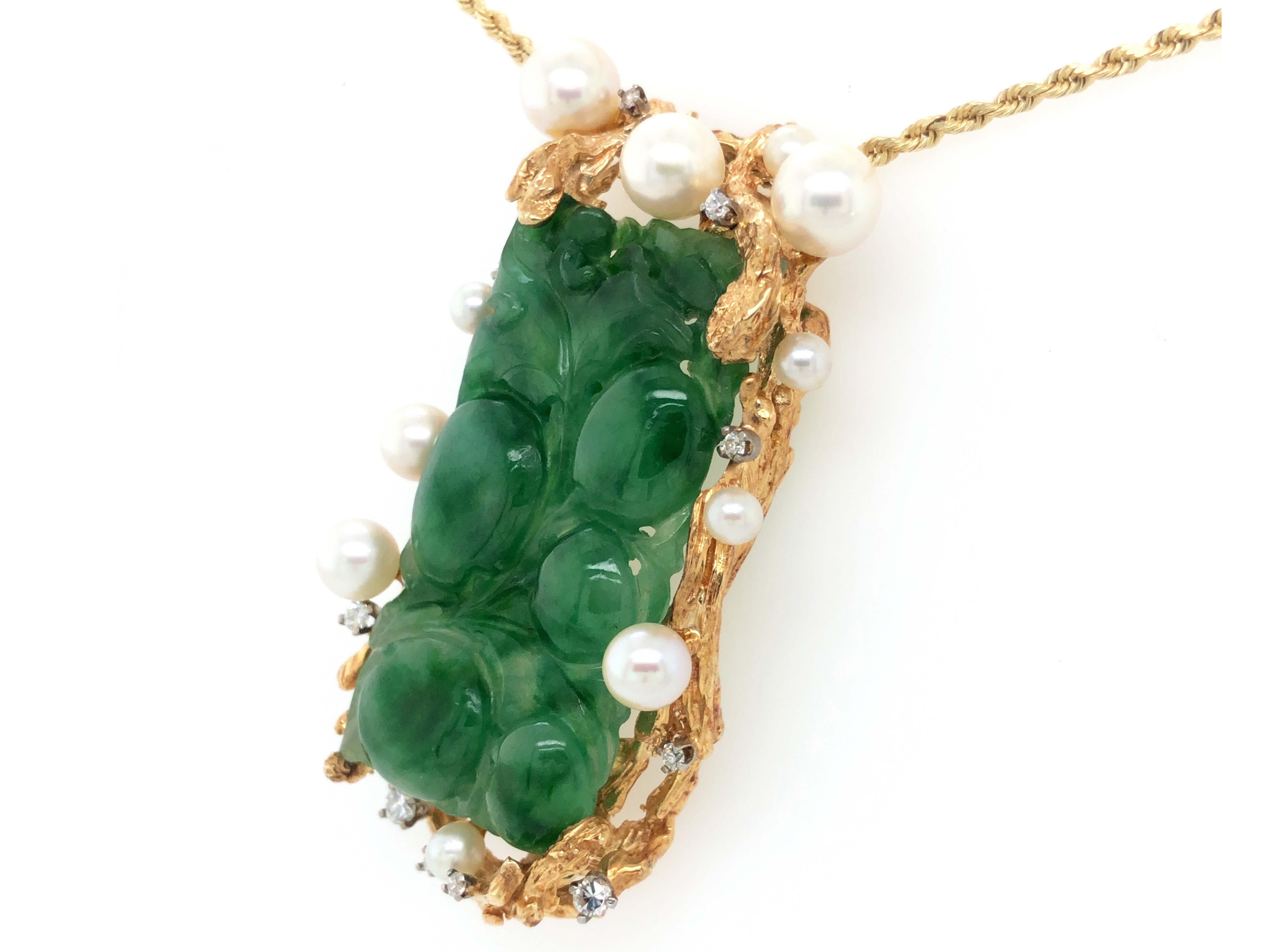Square Cut Vintage Carved Green Jadeite Jade, Diamond and Pearl Pendant in 14k Yellow Gold For Sale