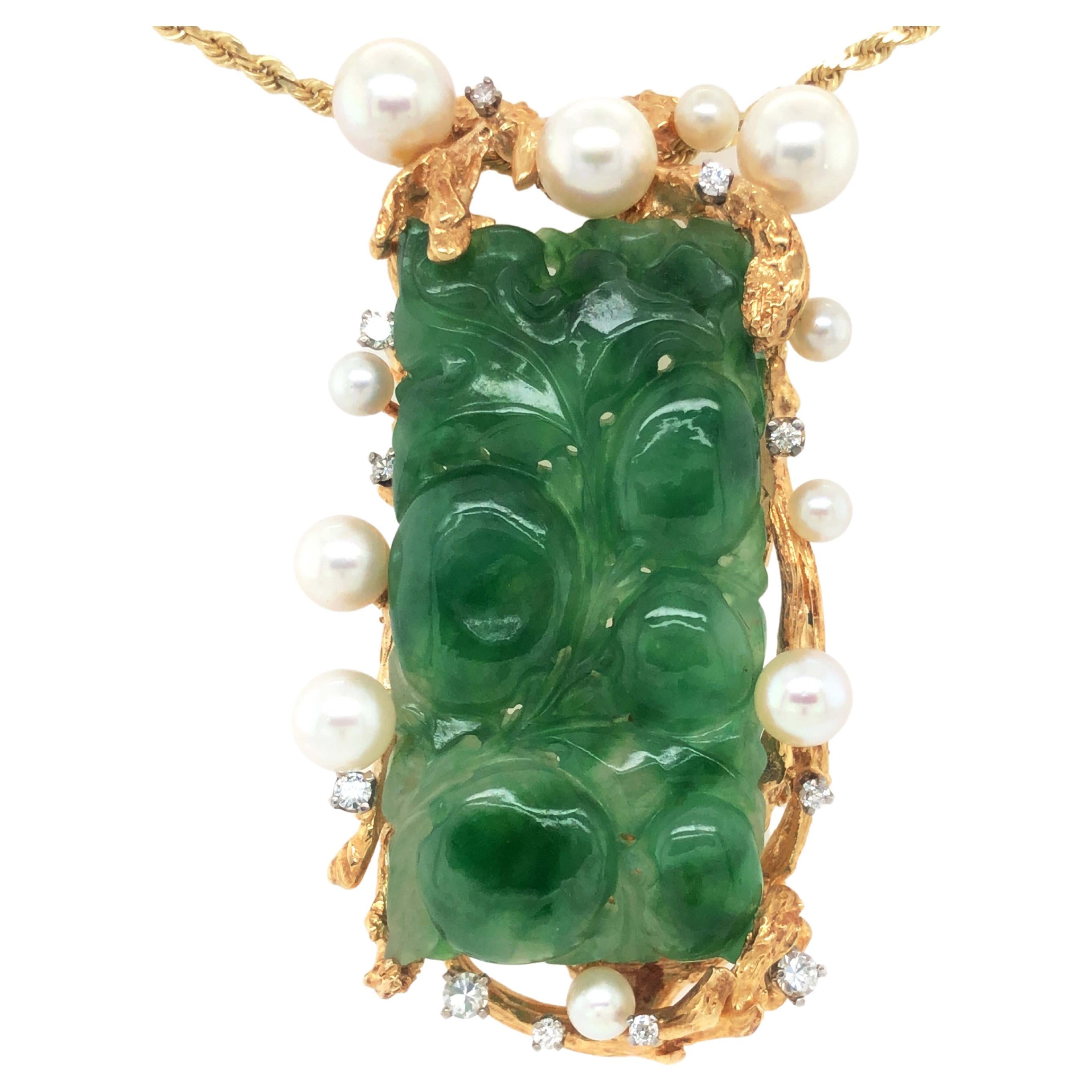 Vintage Carved Green Jadeite Jade, Diamond and Pearl Pendant in 14k Yellow Gold For Sale