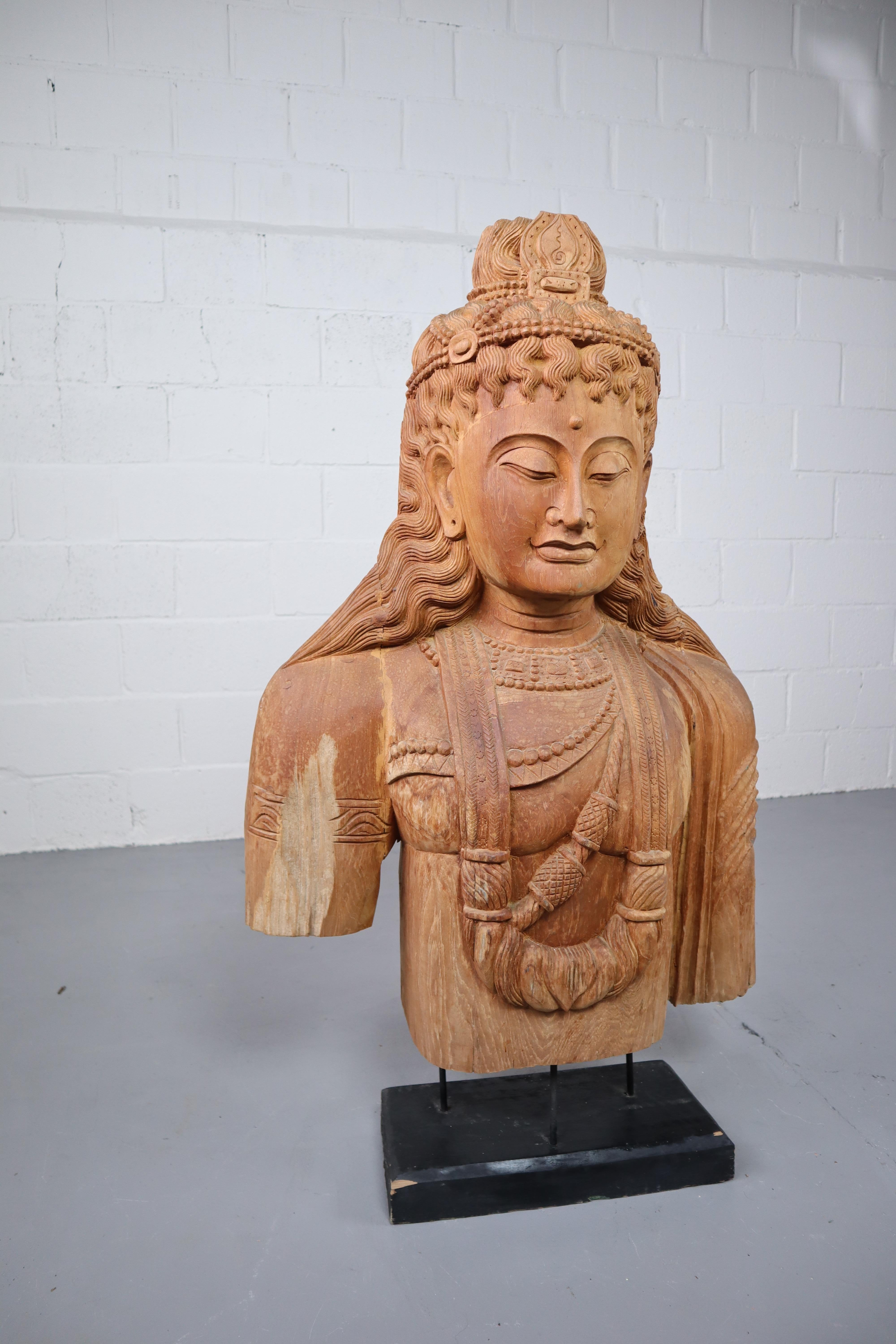 Vintage Carved Hard Wood Buddha Statue on Pedestal 4