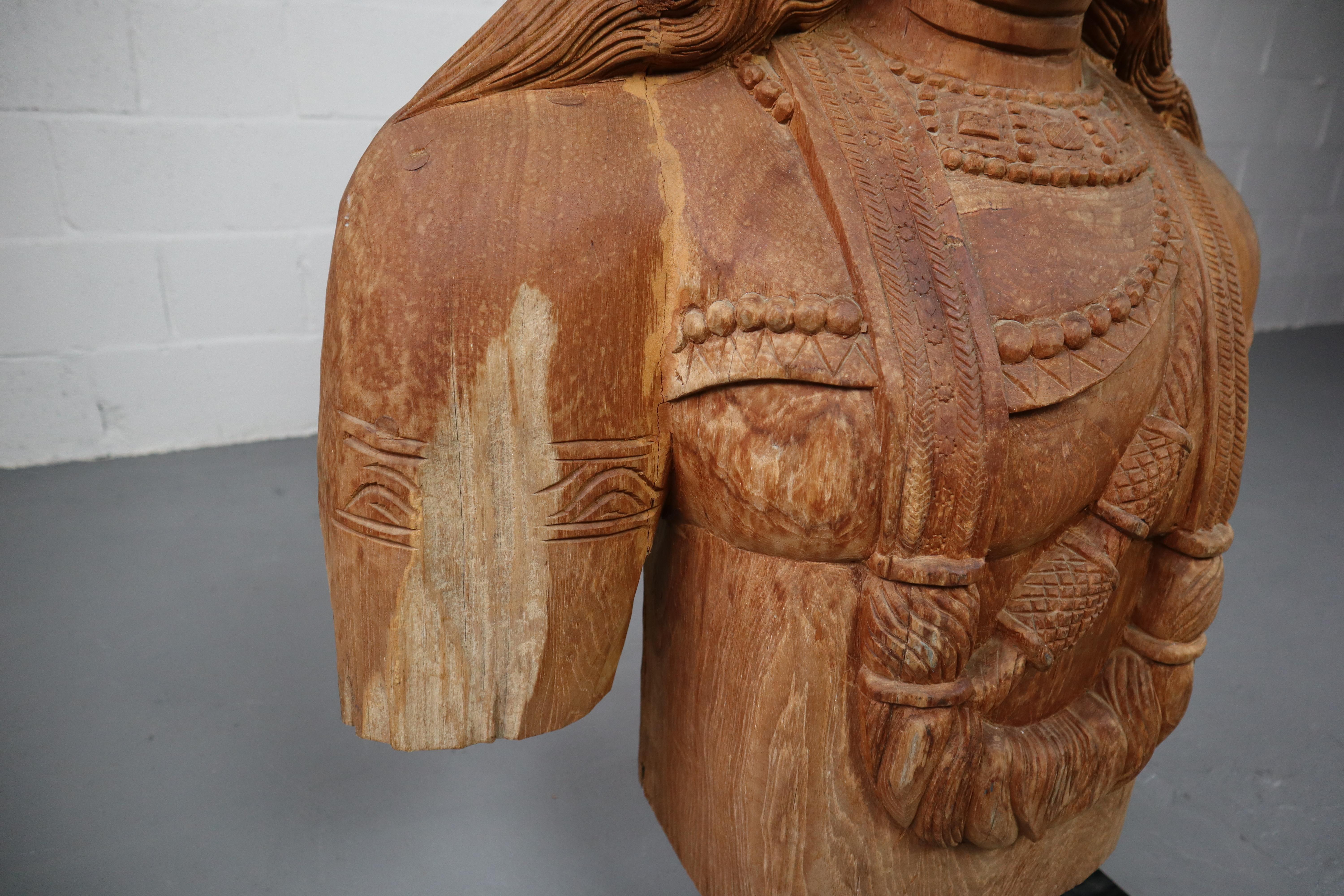 Vintage Carved Hard Wood Buddha Statue on Pedestal 5